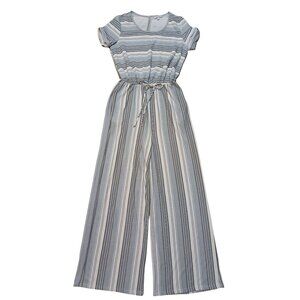 White Birch Womens Jumpsuit Gray Striped Stretch Pockets Keyhole Back Size Large